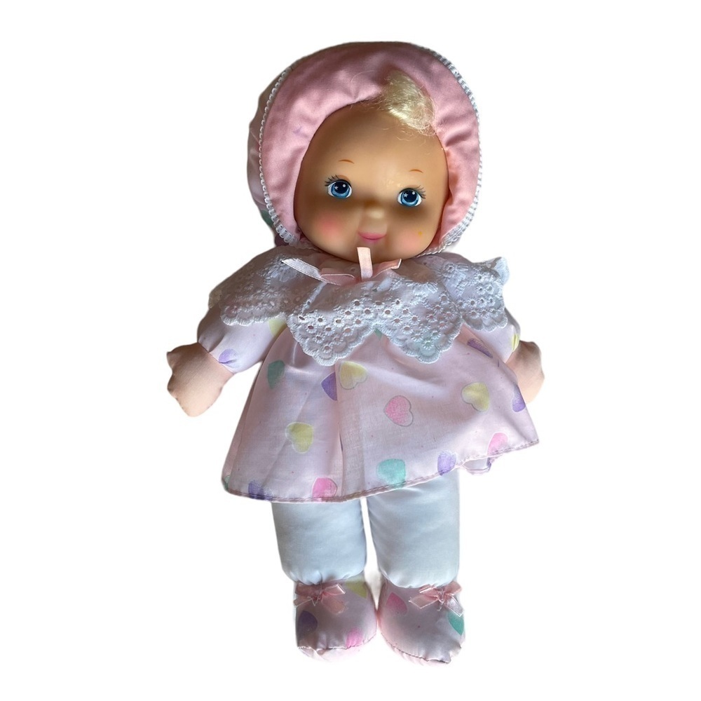 Vintage Jesvi Plush Baby Doll plastic face Blonde Hair Pink Outfit Rare Toy
